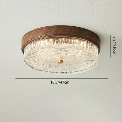 Contemporary Nordic Round Wood Grain Water Ripple Iron Glass LED Flush Mount Ceiling Light for Bedroom