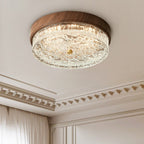 Contemporary Nordic Round Wood Grain Water Ripple Iron Glass LED Flush Mount Ceiling Light for Bedroom