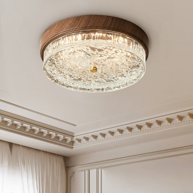 Contemporary Nordic Round Wood Grain Water Ripple Iron Glass LED Flush Mount Ceiling Light for Bedroom