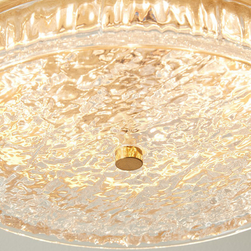 Contemporary Nordic Round Wood Grain Water Ripple Iron Glass LED Flush Mount Ceiling Light for Bedroom