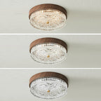 Contemporary Nordic Round Wood Grain Water Ripple Iron Glass LED Flush Mount Ceiling Light for Bedroom