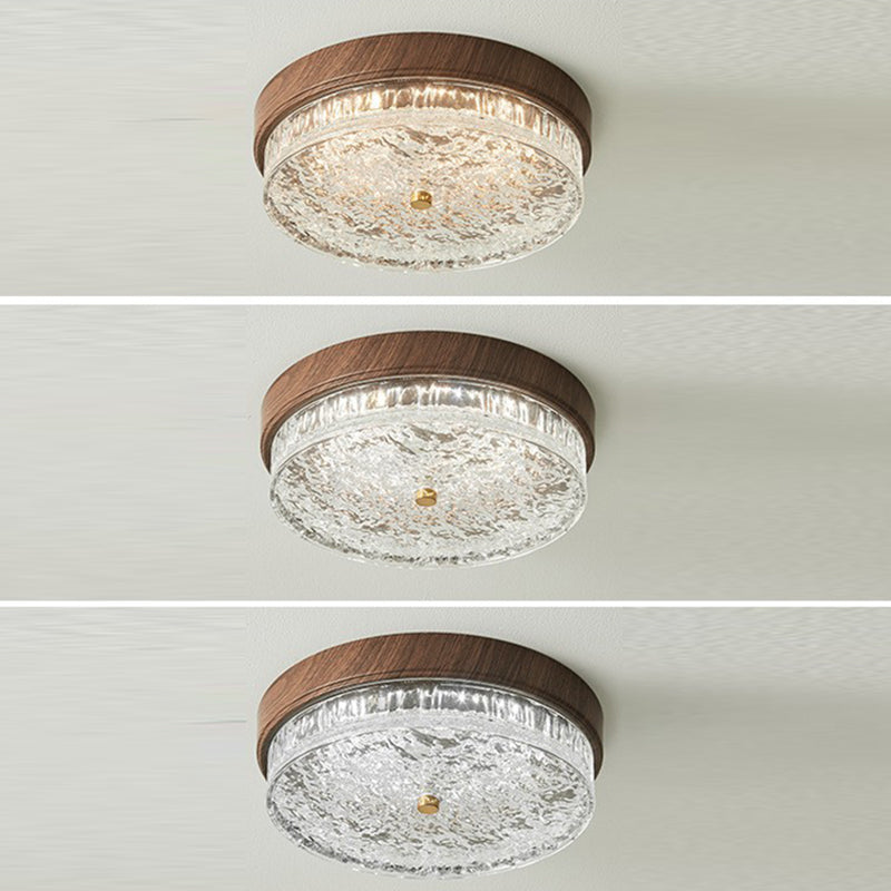 Contemporary Nordic Round Wood Grain Water Ripple Iron Glass LED Flush Mount Ceiling Light for Bedroom