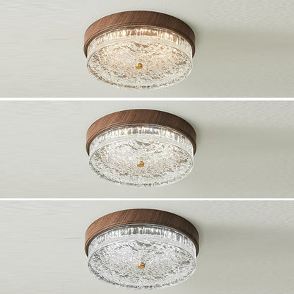Contemporary Nordic Round Wood Grain Water Ripple Iron Glass LED Flush Mount Ceiling Light for Bedroom