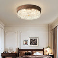Contemporary Nordic Round Wood Grain Water Ripple Iron Glass LED Flush Mount Ceiling Light for Bedroom