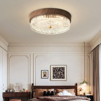 Contemporary Nordic Round Wood Grain Water Ripple Iron Glass LED Flush Mount Ceiling Light for Bedroom