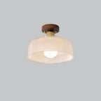 Traditional Japanese Round Flower Cone Wood Copper Glass 1-Light Semi-Flush Mount Ceiling Light For Living Room