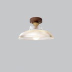 Traditional Japanese Round Flower Cone Wood Copper Glass 1-Light Semi-Flush Mount Ceiling Light For Living Room