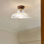 Traditional Japanese Round Flower Cone Wood Copper Glass 1-Light Semi-Flush Mount Ceiling Light For Living Room