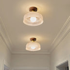 Traditional Japanese Round Flower Cone Wood Copper Glass 1-Light Semi-Flush Mount Ceiling Light For Living Room