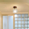 Traditional Japanese Round Flower Cone Wood Copper Glass 1-Light Semi-Flush Mount Ceiling Light For Living Room