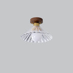Traditional Japanese Round Flower Cone Wood Copper Glass 1-Light Semi-Flush Mount Ceiling Light For Living Room