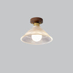 Traditional Japanese Round Flower Cone Wood Copper Glass 1-Light Semi-Flush Mount Ceiling Light For Living Room