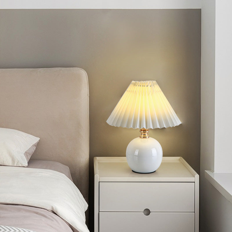 Modern Art Deco Orb Base Pleated Fabric Ceramic 1-Light Table Lamp For Bedroom Lumendat