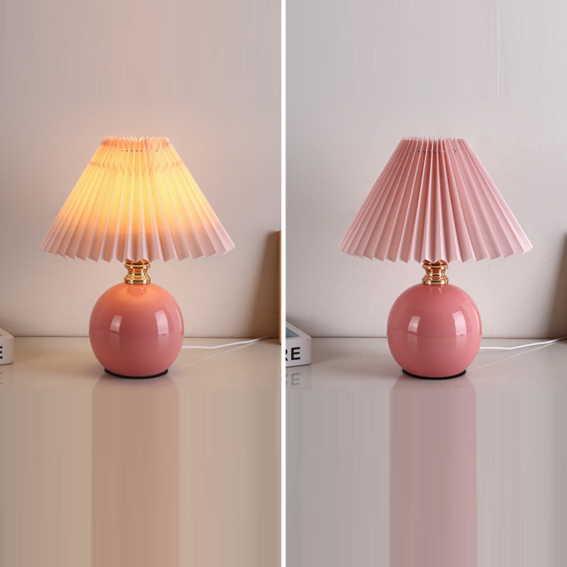 Modern Art Deco Orb Base Pleated Fabric Ceramic 1-Light Table Lamp For Bedroom Lumendat