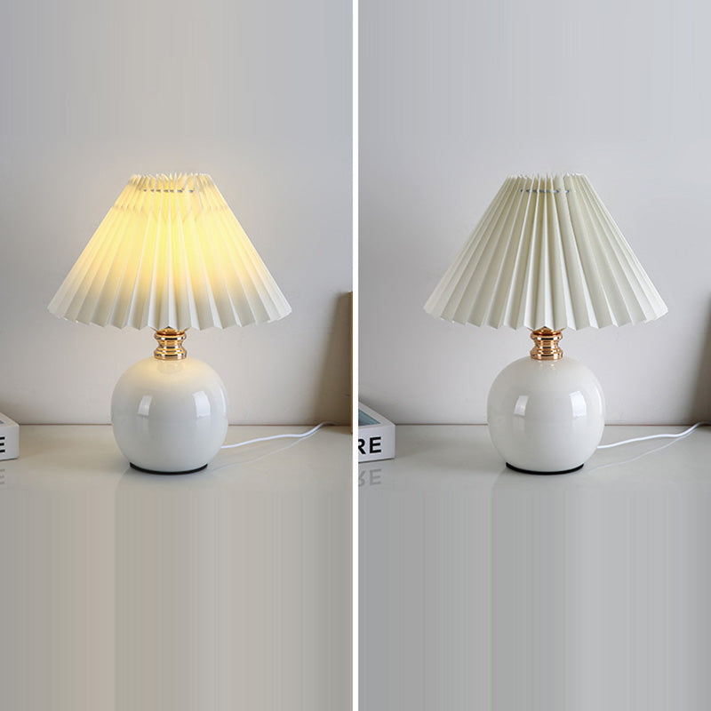 Modern Art Deco Orb Base Pleated Fabric Ceramic 1-Light Table Lamp For Bedroom Lumendat