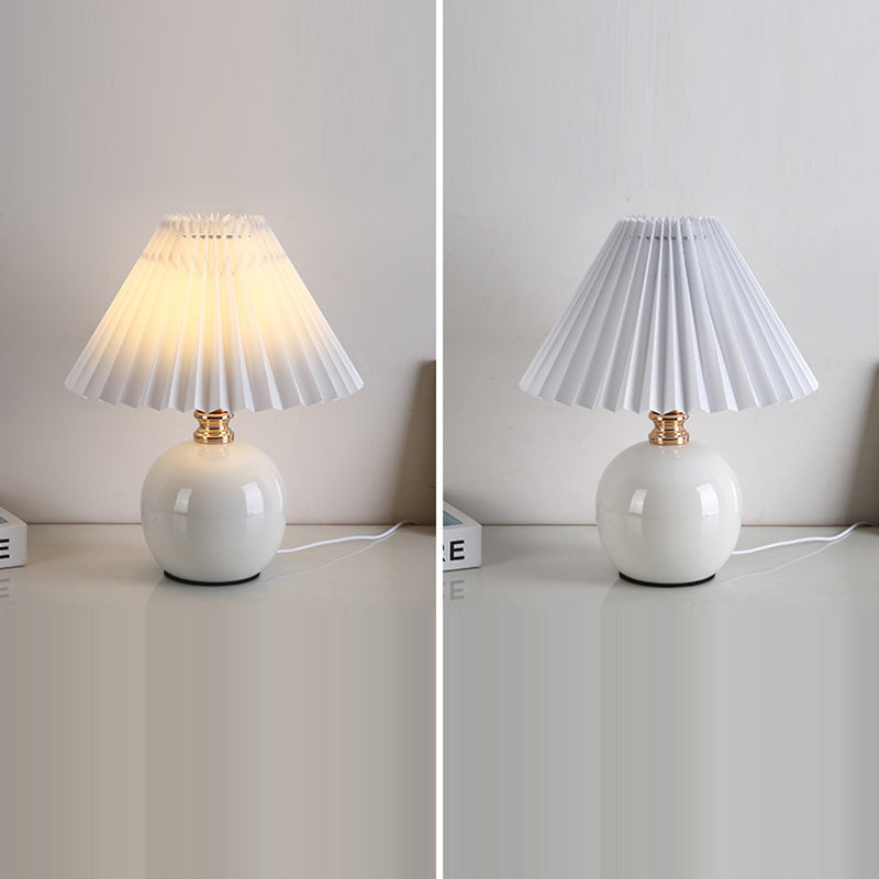 Modern Art Deco Orb Base Pleated Fabric Ceramic 1-Light Table Lamp For Bedroom Lumendat