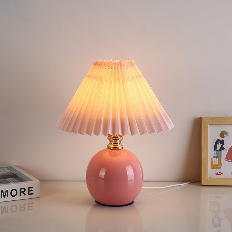 Modern Art Deco Orb Base Pleated Fabric Ceramic 1-Light Table Lamp For Bedroom Lumendat