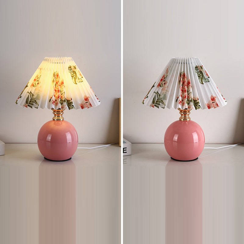 Modern Art Deco Orb Base Pleated Fabric Ceramic 1-Light Table Lamp For Bedroom Lumendat