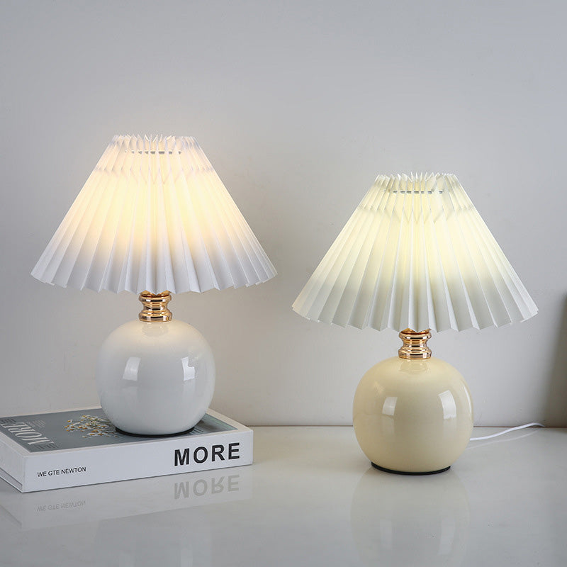 Modern Art Deco Orb Base Pleated Fabric Ceramic 1-Light Table Lamp For Bedroom Lumendat