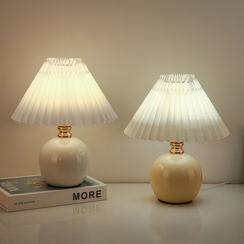 Modern Art Deco Orb Base Pleated Fabric Ceramic 1-Light Table Lamp For Bedroom Lumendat