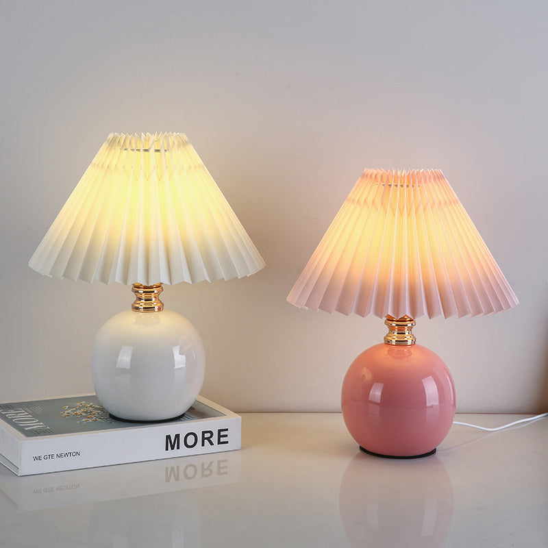 Modern Art Deco Orb Base Pleated Fabric Ceramic 1-Light Table Lamp For Bedroom Lumendat