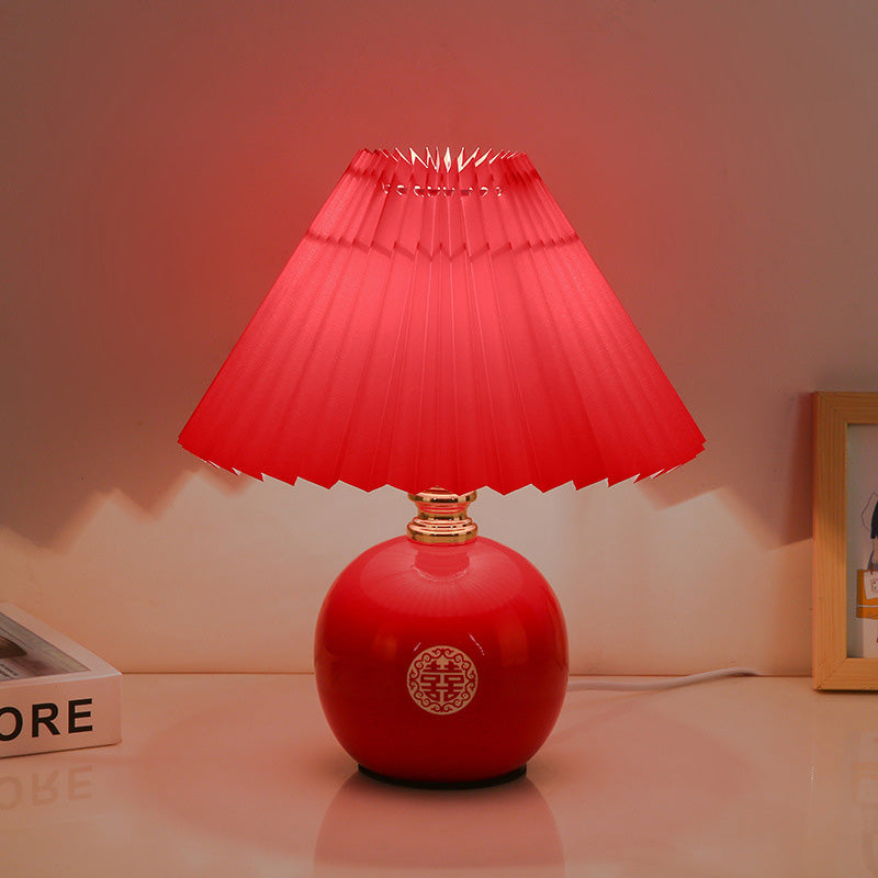 Modern Art Deco Orb Base Pleated Fabric Ceramic 1-Light Table Lamp For Bedroom Lumendat