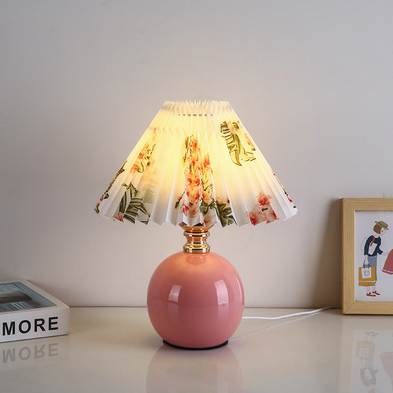 Modern Art Deco Orb Base Pleated Fabric Ceramic 1-Light Table Lamp For Bedroom Lumendat