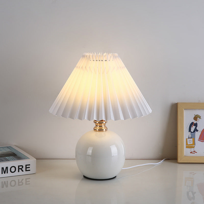 Modern Art Deco Orb Base Pleated Fabric Ceramic 1-Light Table Lamp For Bedroom Lumendat