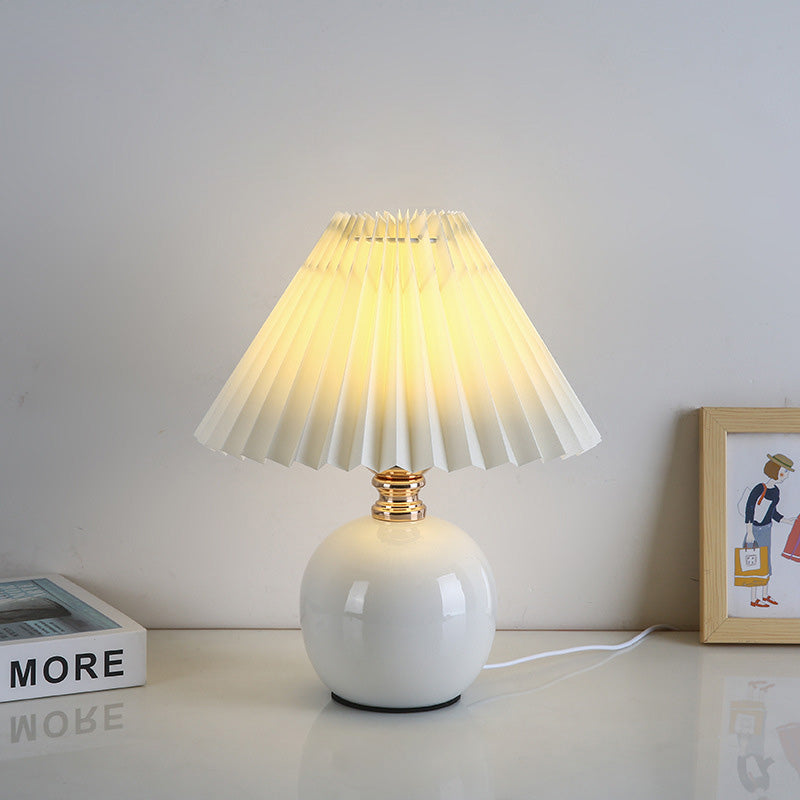 Modern Art Deco Orb Base Pleated Fabric Ceramic 1-Light Table Lamp For Bedroom Lumendat