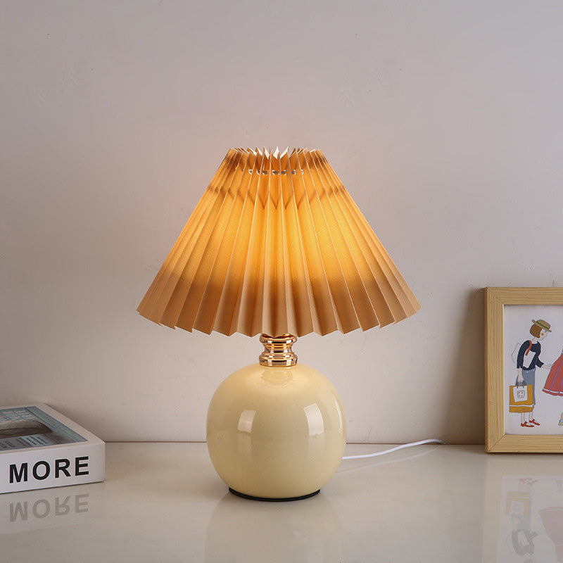 Modern Art Deco Orb Base Pleated Fabric Ceramic 1-Light Table Lamp For Bedroom Lumendat