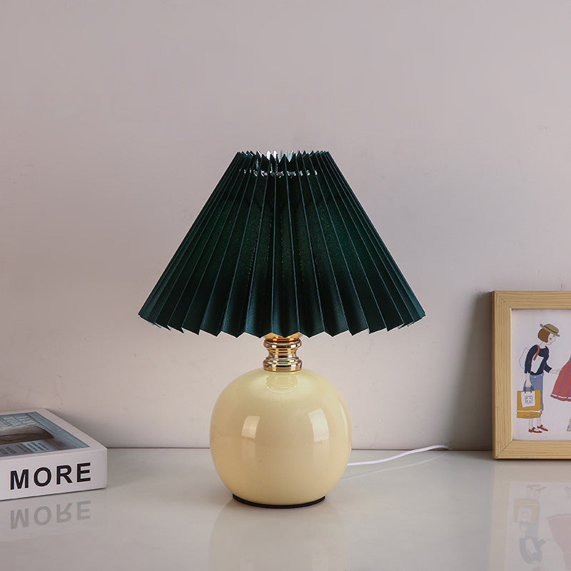Modern Art Deco Orb Base Pleated Fabric Ceramic 1-Light Table Lamp For Bedroom Lumendat