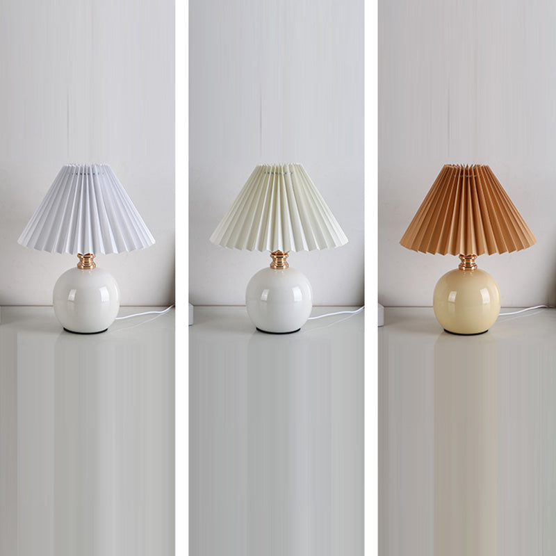 Modern Art Deco Orb Base Pleated Fabric Ceramic 1-Light Table Lamp For Bedroom Lumendat
