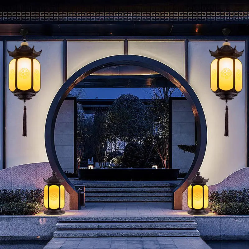 Traditional Chinese Waterproof Xiang Yun Hexagonal Lantern Aluminum Pc Pendant Light for Garden BulbSquare