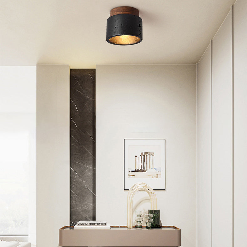 Traditional Japanese Cylindrical Wooden Black Travertine 1-light Semi-flush Mount Ceiling Light for Hallway