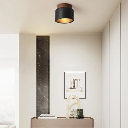 Traditional Japanese Cylindrical Wooden Black Travertine 1-light Semi-flush Mount Ceiling Light for Hallway
