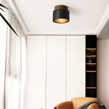 Traditional Japanese Cylindrical Wooden Black Travertine 1-light Semi-flush Mount Ceiling Light for Hallway