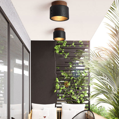Traditional Japanese Cylindrical Wooden Black Travertine 1-light Semi-flush Mount Ceiling Light for Hallway