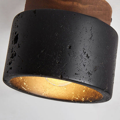 Traditional Japanese Cylindrical Wooden Black Travertine 1-light Semi-flush Mount Ceiling Light for Hallway