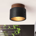 Traditional Japanese Cylindrical Wooden Black Travertine 1-light Semi-flush Mount Ceiling Light for Hallway BulbSquare