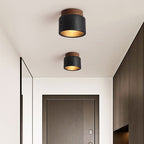 Traditional Japanese Cylindrical Wooden Black Travertine 1-light Semi-flush Mount Ceiling Light for Hallway BulbSquare