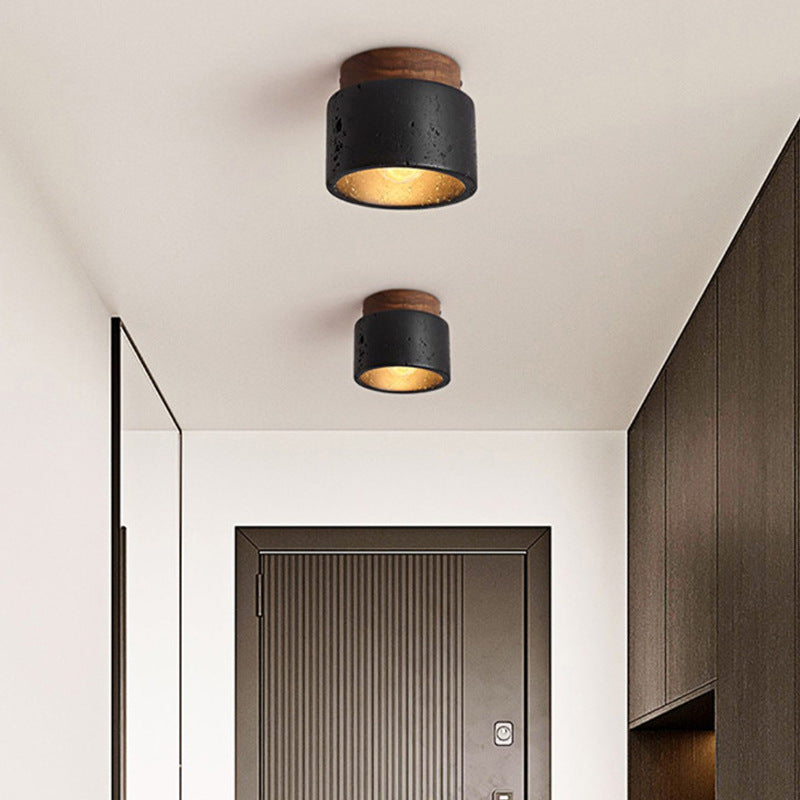 Traditional Japanese Cylindrical Wooden Black Travertine 1-light Semi-flush Mount Ceiling Light for Hallway