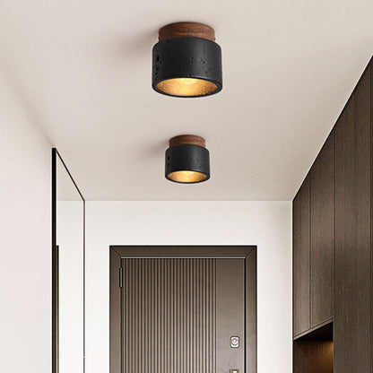 Traditional Japanese Cylindrical Wooden Black Travertine 1-light Semi-flush Mount Ceiling Light for Hallway