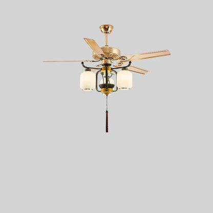 Traditional Chinese Round Lantern Iron Wood Fan Leaf Glass Shade 3/6 Light Downrod Ceiling Fan Light For Living Room