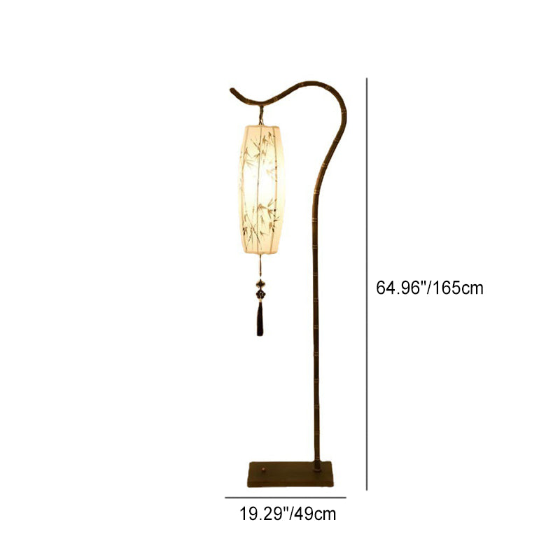 Traditional Chinese Fishing Rod Rectangular Lantern Bamboo Patterned Fabric Iron 1-Light Standing Floor Lamp For Living Room Lumendat