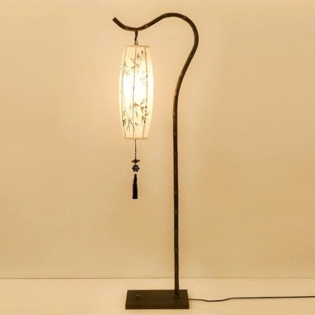Traditional Chinese Fishing Rod Rectangular Lantern Bamboo Patterned Fabric Iron 1-Light Standing Floor Lamp For Living Room Lumendat