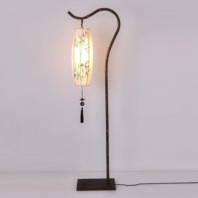 Traditional Chinese Fishing Rod Rectangular Lantern Bamboo Patterned Fabric Iron 1-Light Standing Floor Lamp For Living Room Lumendat