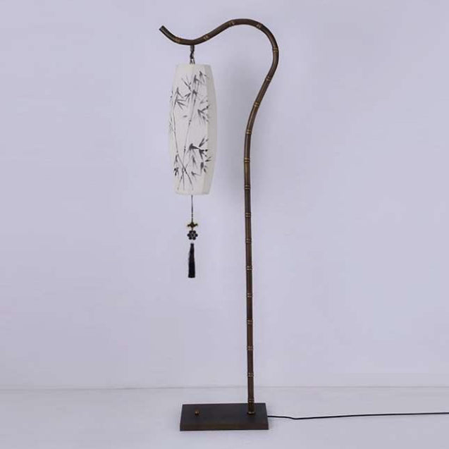 Traditional Chinese Fishing Rod Rectangular Lantern Bamboo Patterned Fabric Iron 1-Light Standing Floor Lamp For Living Room Lumendat