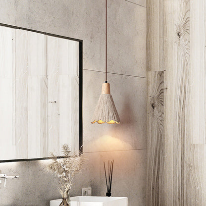 Contemporary Nordic Round Cone Solid Wood Cement Shade 1-light Pendant Light for Bedroom