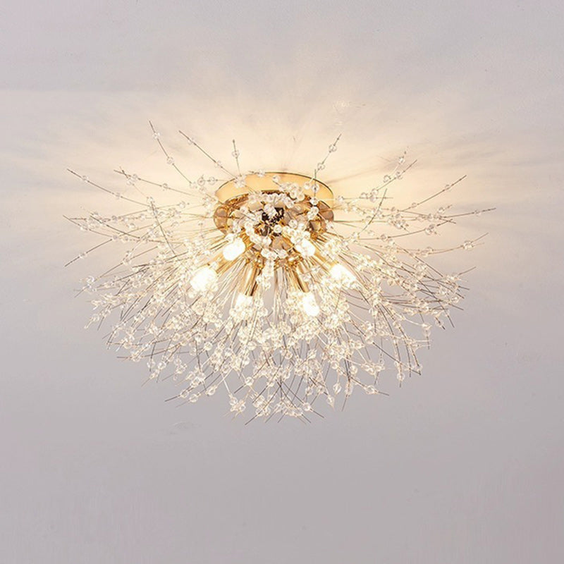 Contemporary Creative Branch Round Dandelion Shape Iron Crystal 4/5/6/8 Light Semi-flush Mount Ceiling Light for Living Room