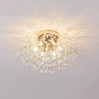 Contemporary Creative Branch Round Dandelion Shape Iron Crystal 4/5/6/8 Light Semi-flush Mount Ceiling Light for Living Room